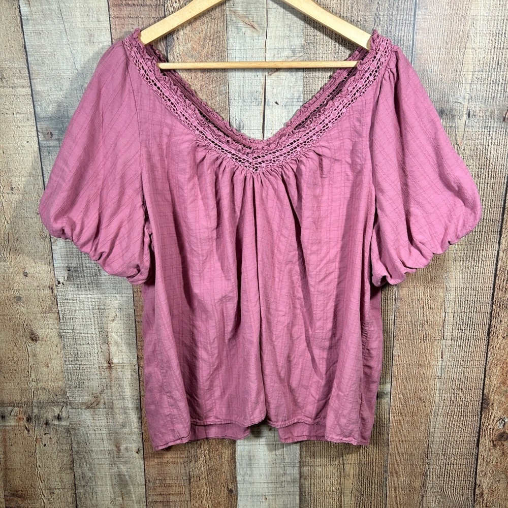 Torrid Dusty Mauve Rose Crochet Peasant Top Size 2 2X Boho Puff Sleeve Feminine